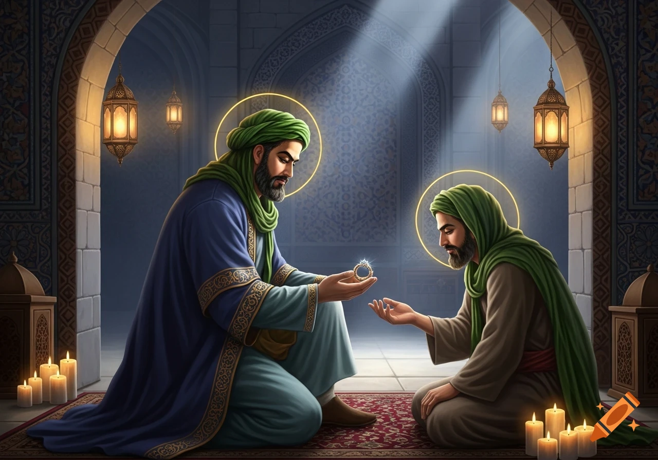 Two men in green headwraps and traditional robes, one giving a sparkling ring to the other, kneeling in an ornate arched hall with lanterns and candles.