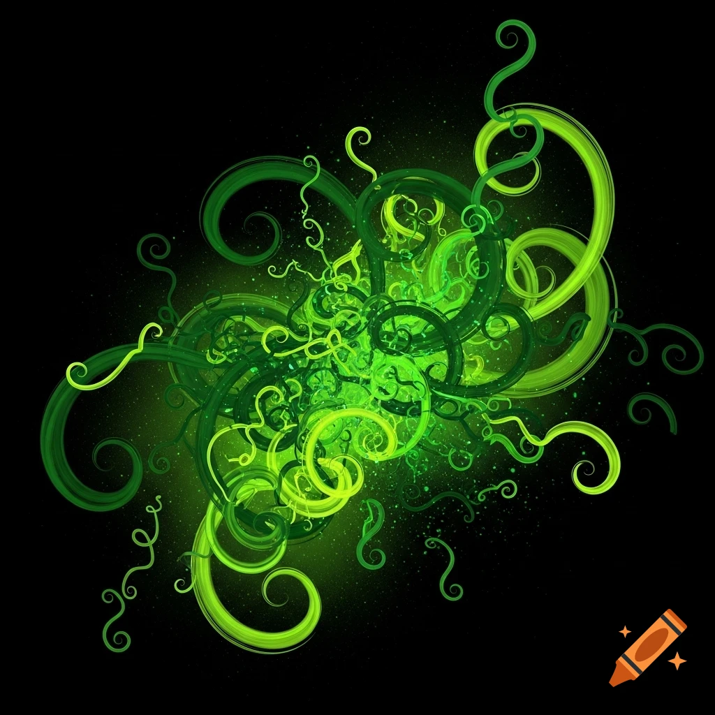 A vibrant abstract design features numerous intertwined bright green and dark green swirls and tendrils, glowing against a black background with subtle speckles.