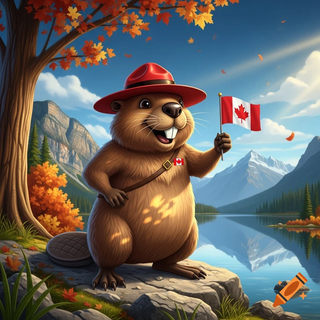 A happy cartoon beaver wearing a red hat stands by a lake, holding a Canadian flag with mountains and autumn trees.