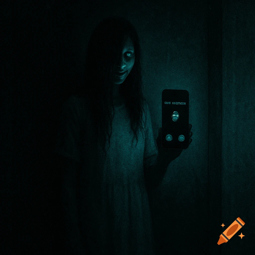 A dark, grainy horror image of a pale female silhouette with glowing eyes and a subtle smile, holding a phone with a glowing screen.