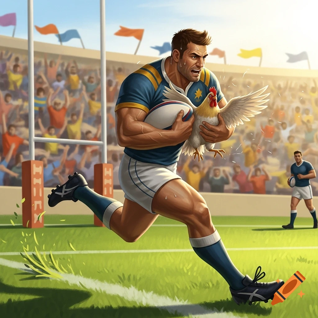 A muscular rugby player in a blue and white uniform runs across a stadium field, holding a white rugby ball and a white chicken, with a cheering crowd in the background.