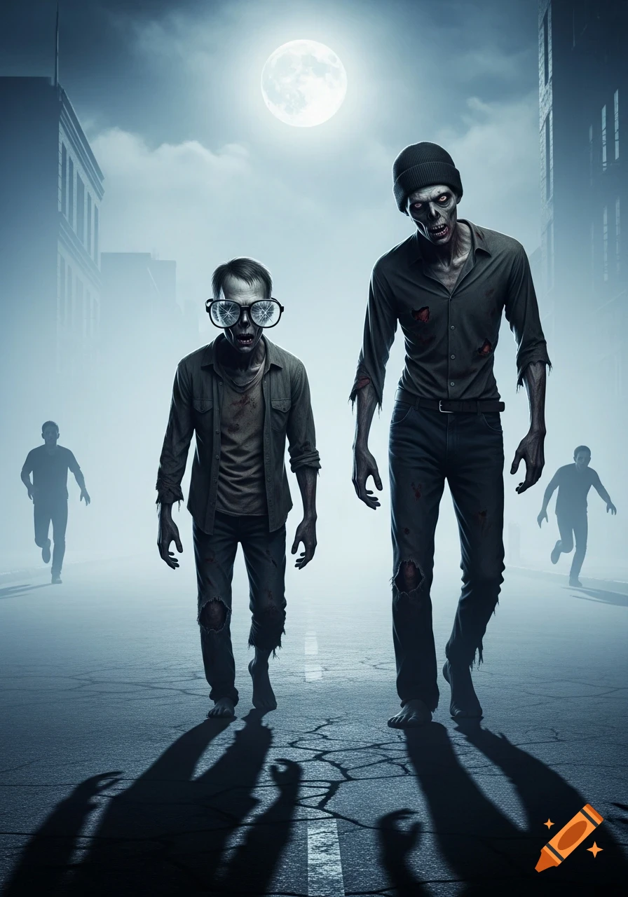 Two zombies, one in broken glasses and one in a beanie, walk down a foggy, moonlit street with long shadows while two blurred figures run behind them.