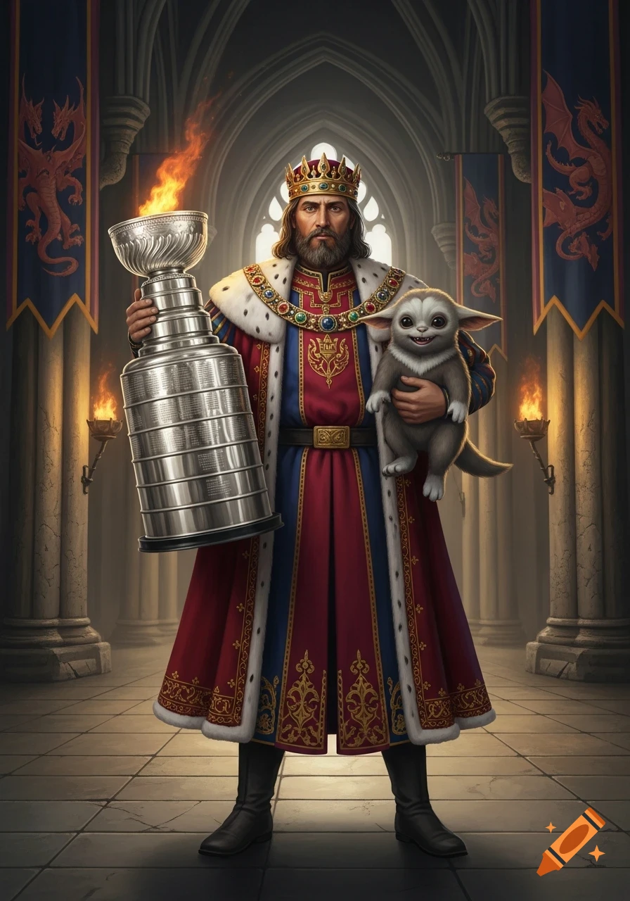 A medieval king in royal robes and a crown stands in a grand hall, holding a flaming Stanley Cup trophy and a small, grey fantasy creature.