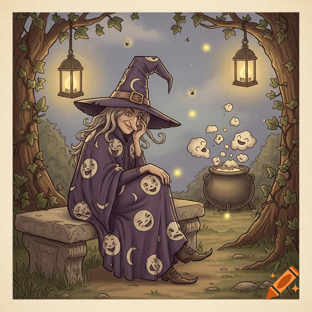 A whimsical old witch with a pointy hat and a cloak adorned with moon faces sits on a bench by a bubbling cauldron under lanterns at night.