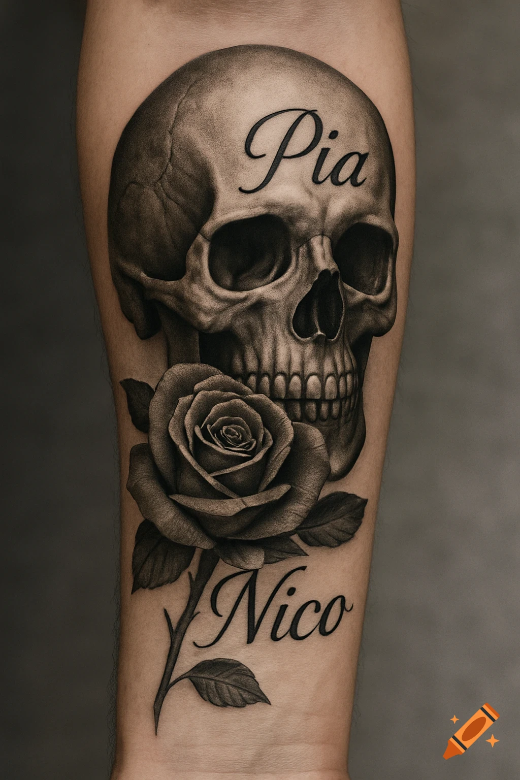 A realistic black and gray tattoo featuring a skull with the name "Pia" on its forehead, and a rose with the name "Nico" below it, on a person's arm.