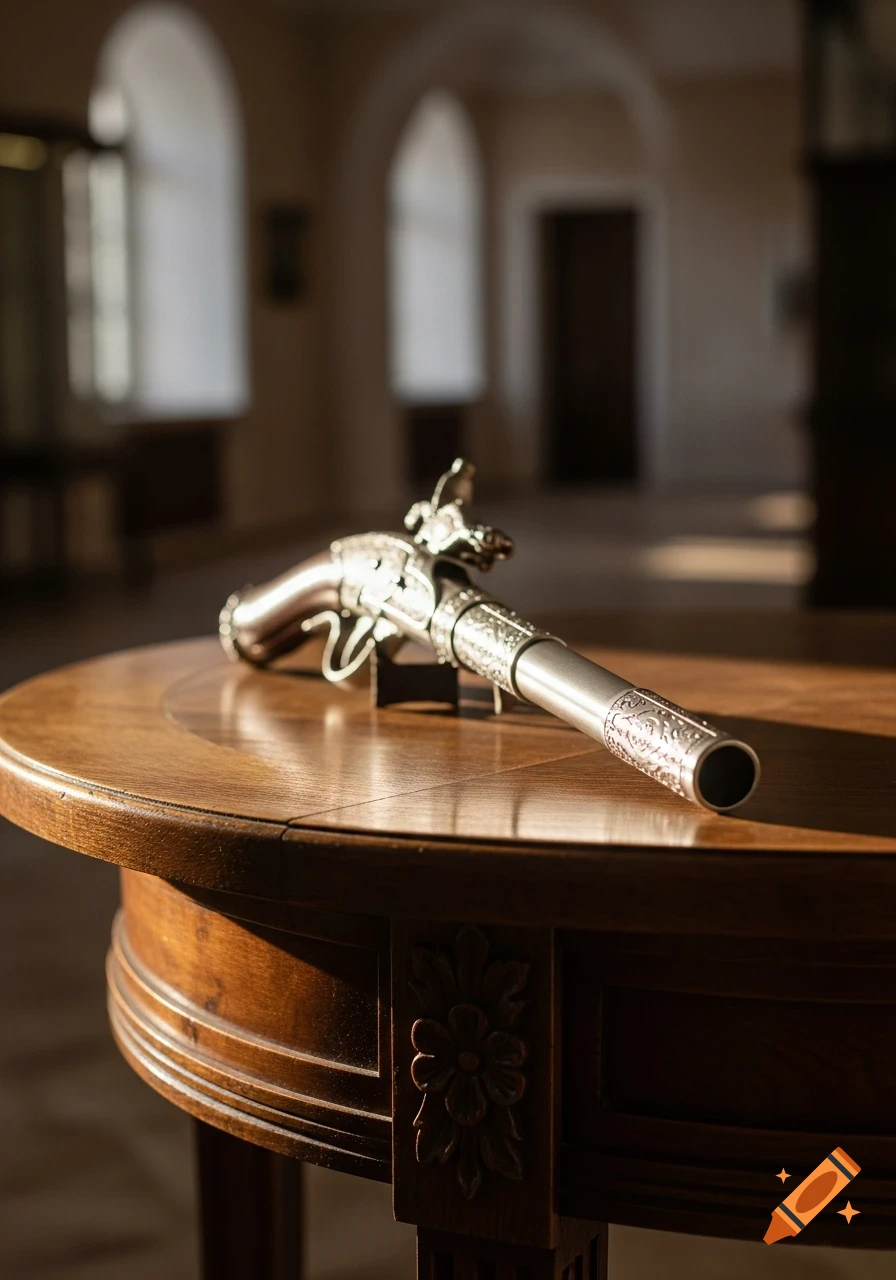 An ornate antique pistol rests on a carved wooden table in a softly lit room with arched windows.
