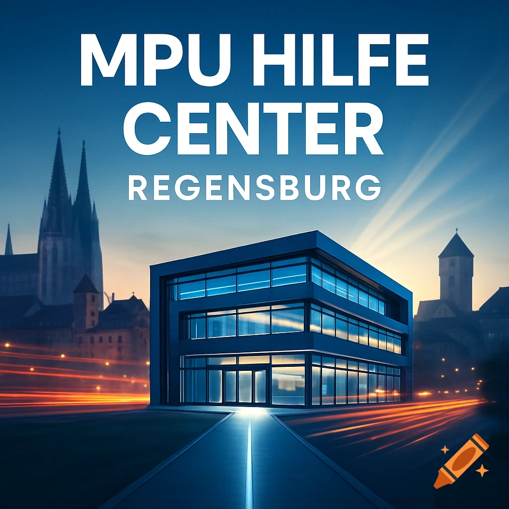 A modern building with 'MPU HILFE CENTER REGENSBURG' text, set against a cityscape with a cathedral and light trails at sunset.