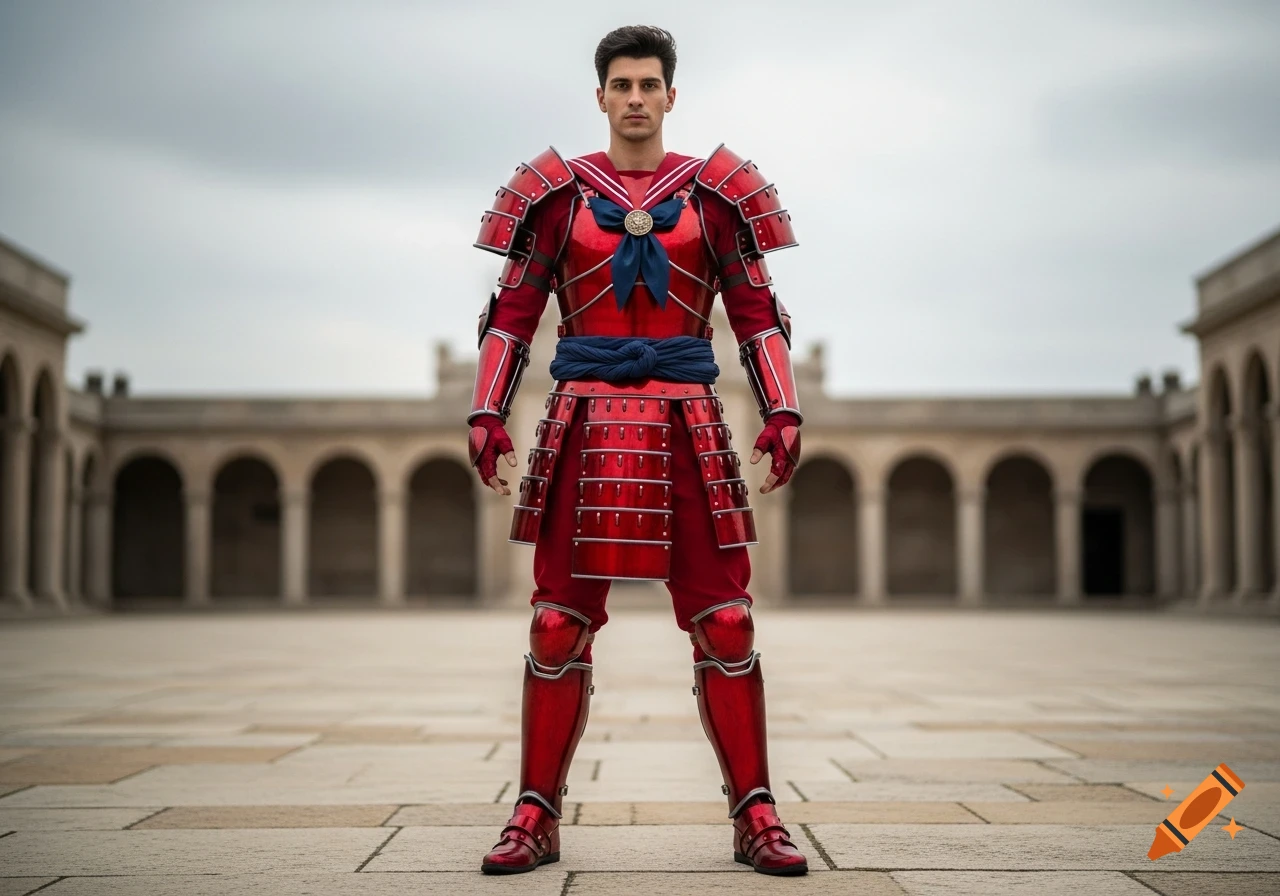 A man in shiny red samurai armor with a blue sailor bow and sash stands in an outdoor courtyard.