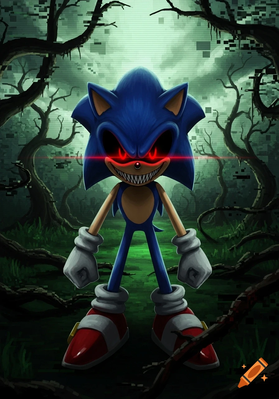 An unsettling Sonic.exe with red glowing eyes and sharp teeth stands in a dark, glitchy forest.