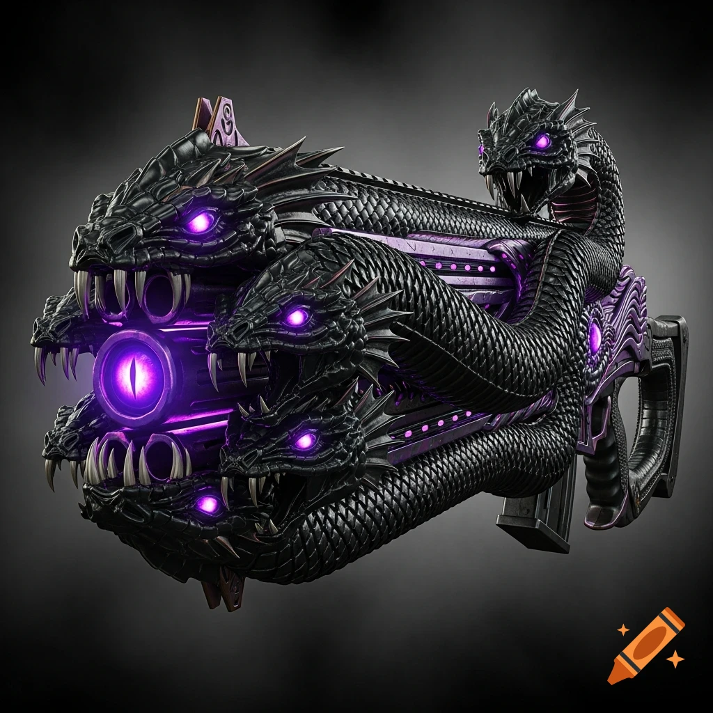A dark, ornate, stylized gun resembling a multi-headed Hydra, featuring black scales, glowing purple eyes, and void-like energy. Photorealistic.
