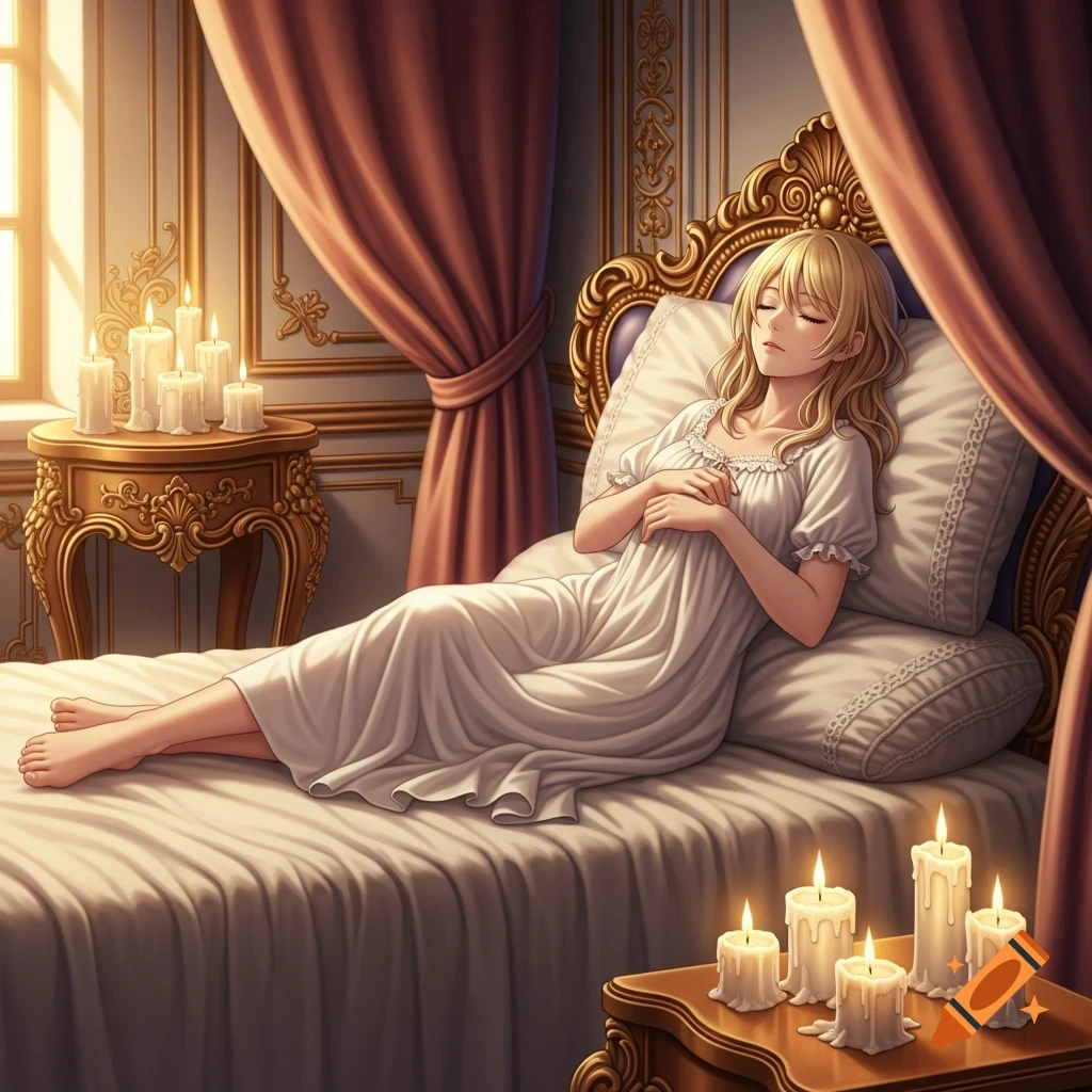 A young blonde woman sleeps peacefully in a nightgown on a bed in a luxurious baroque bedroom, illuminated by candlelight, in anime style.