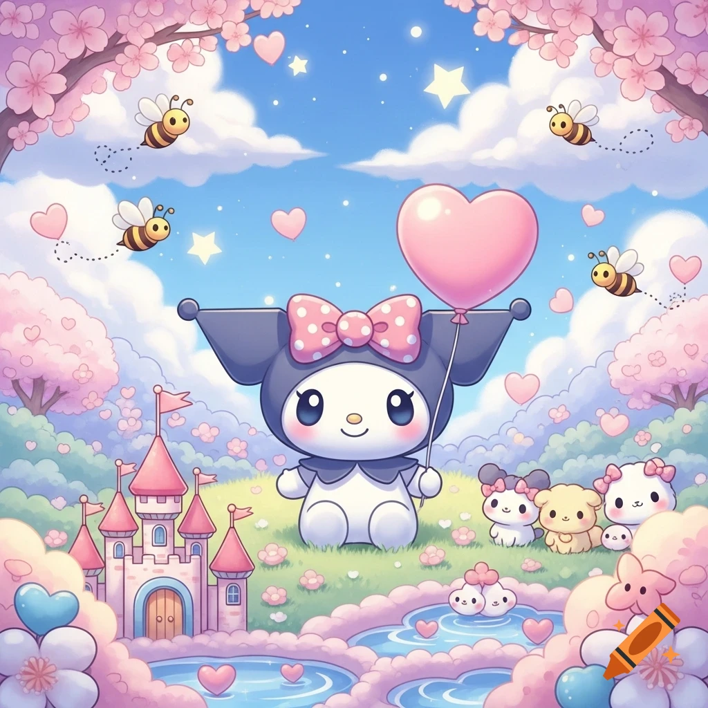 A cute Kuromi character holds a heart balloon in a whimsical pink landscape with a castle, bees, and other small characters, in a kawaii cartoon style.