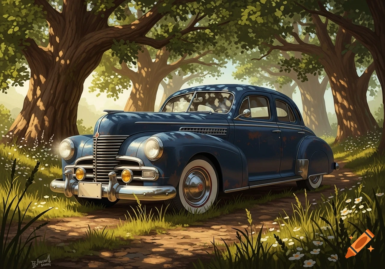 A dark blue vintage car with white-wall tires parked on a dirt path under large leafy trees in an illustrative style.