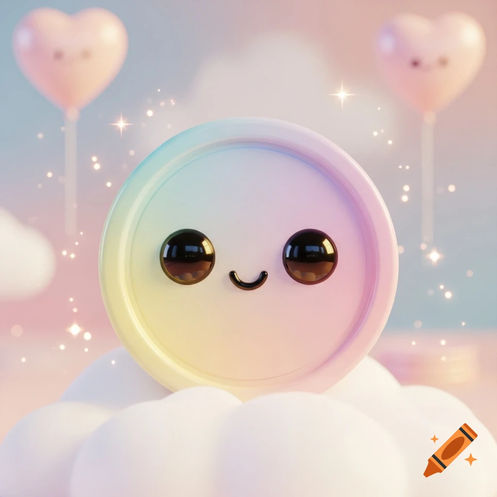 A cute, pastel rainbow-colored circular character with big black eyes and a smile, sitting on fluffy white clouds with heart-shaped balloons in a soft, dreamy background.