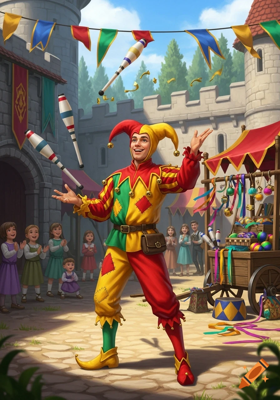 A jester in a red and yellow costume juggles clubs for an audience of children in a medieval village.