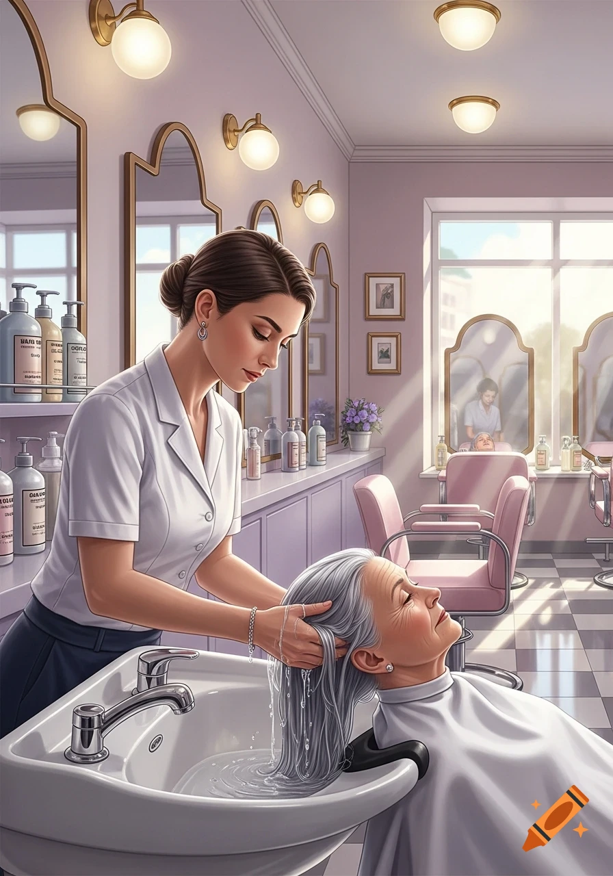 A female hairdresser washes an elderly woman's gray hair at a wash basin in an elegant, brightly lit hair salon.