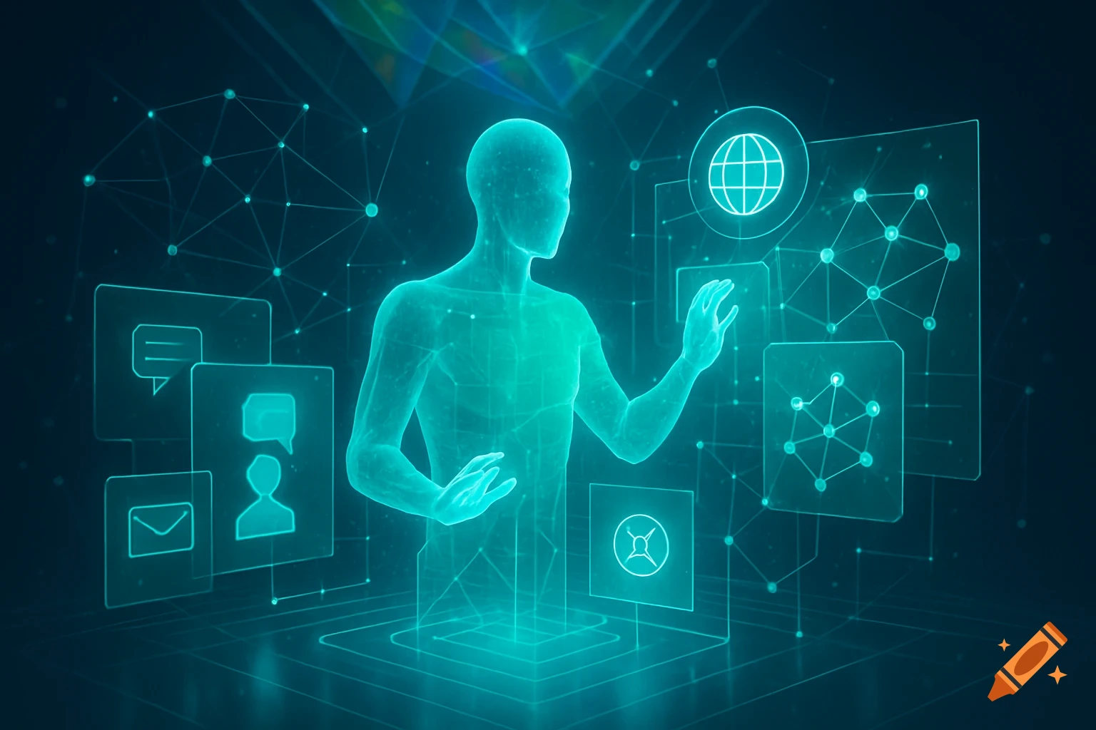 A glowing, transparent human figure interacts with holographic UI elements, surrounded by abstract network lines on a dark background.