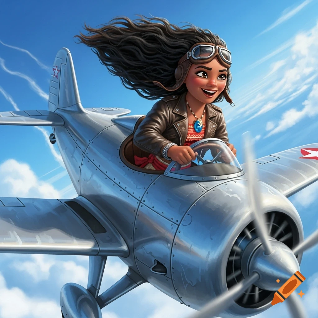 Moana, wearing aviator goggles and a leather jacket, smiles while flying a silver propeller airplane through a blue sky.
