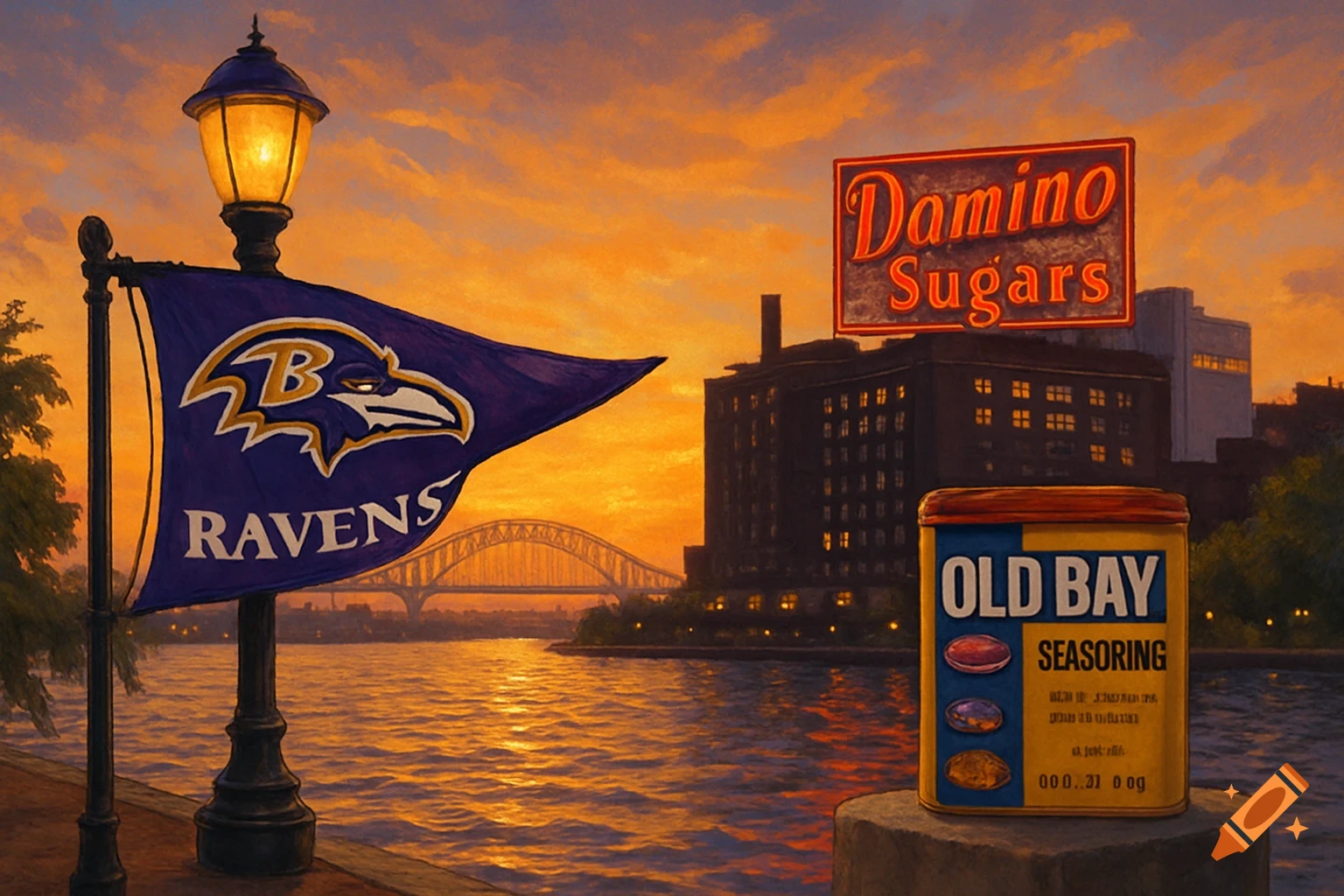 A vibrant painting of the Baltimore Inner Harbor at sunset, featuring a lamppost with a Ravens flag, a glowing "Damino Sugars" sign, and an Old Bay seasoning can with the Francis Scott Key Bridge in the background.