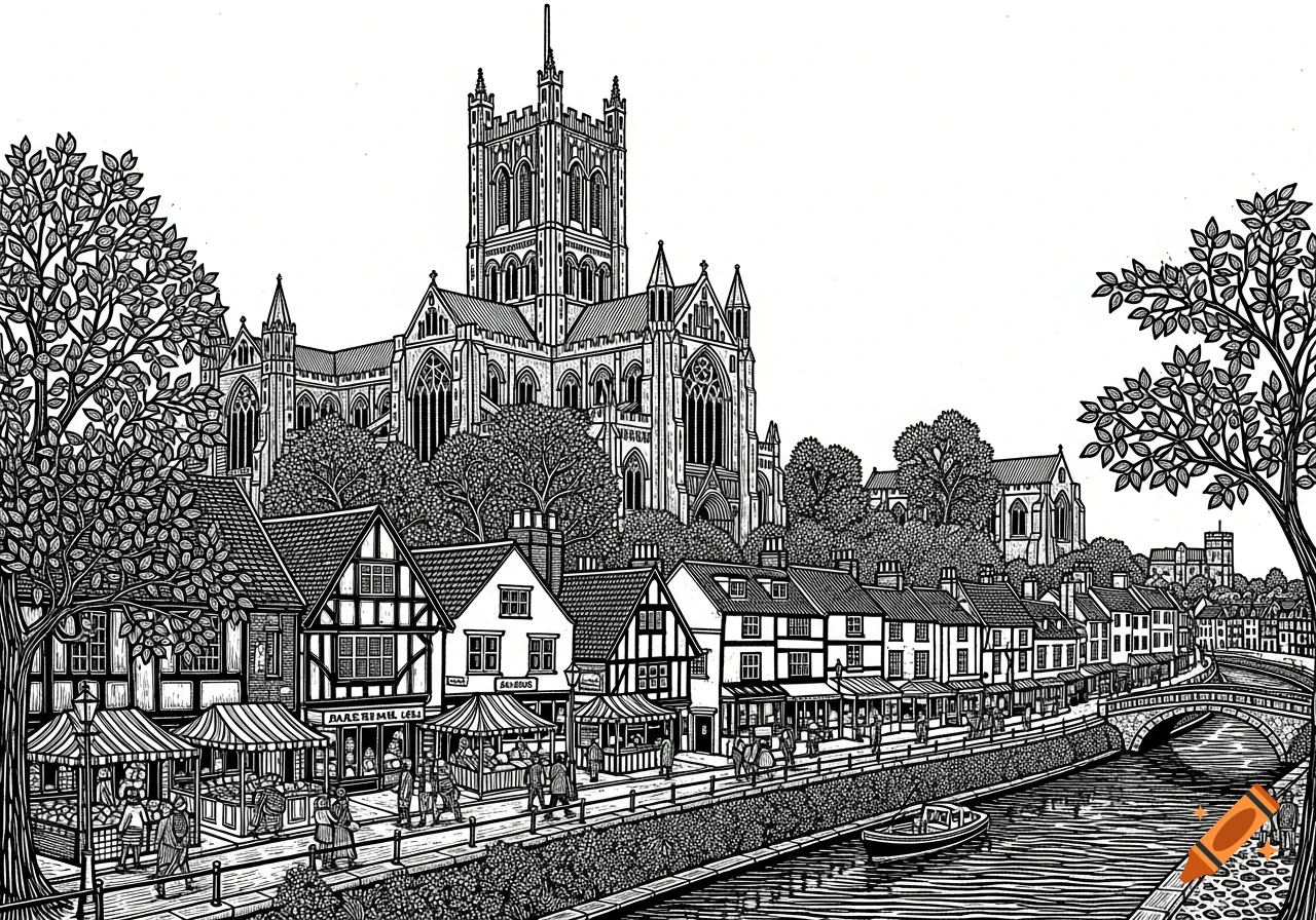 Linocut illustration of a bustling European town with a grand cathedral, shops, people, and a river.