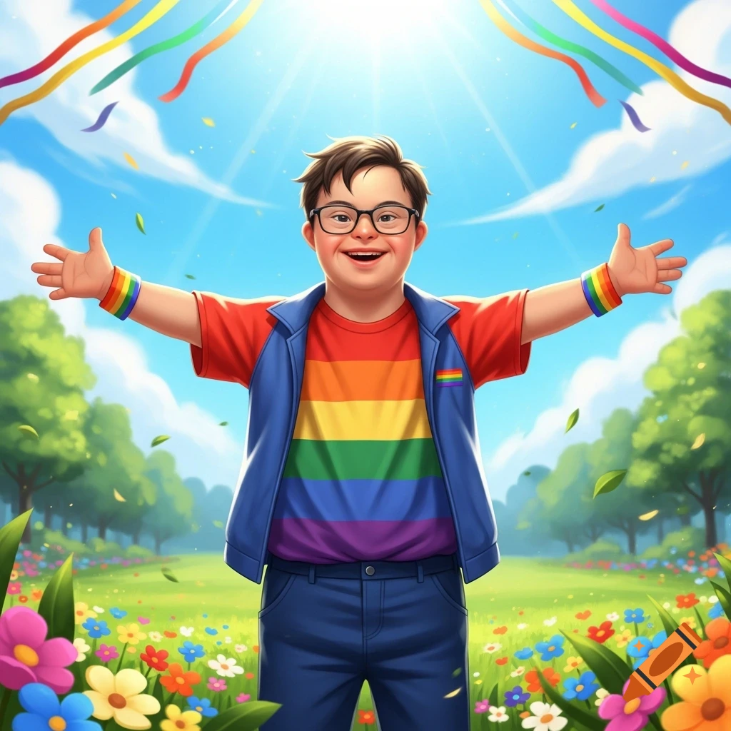 Happy boy with Down syndrome in rainbow shirt and blue vest, arms outstretched in a sunny field with flowers and rainbow ribbons.