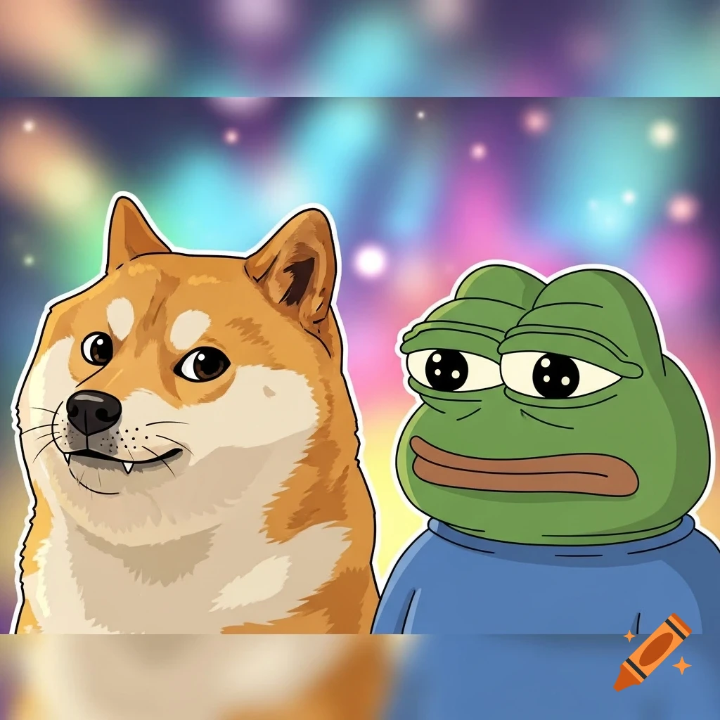 Cartoon Doge and Pepe the Frog looking at the camera against a colorful, starry background.