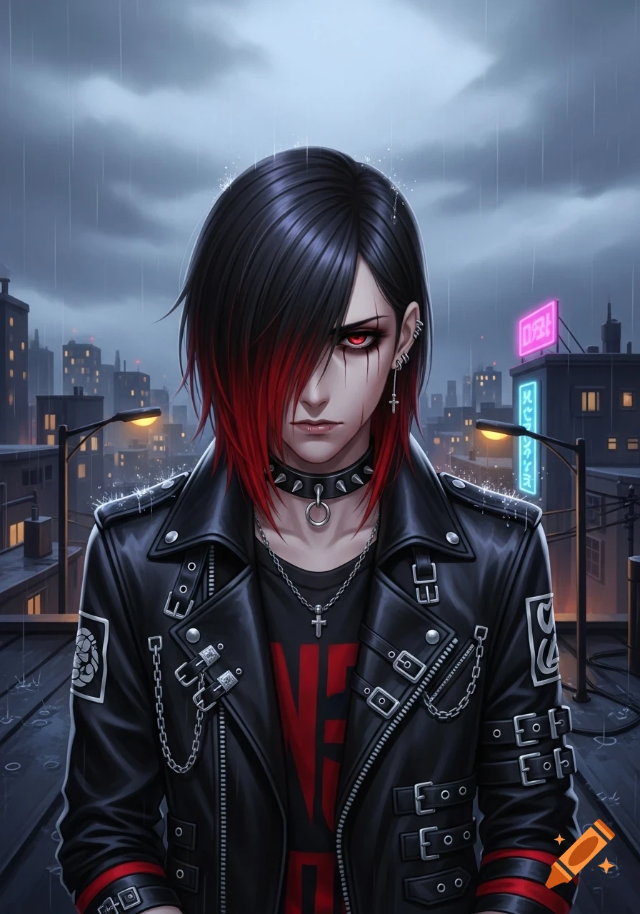 An anime-style character with black and red hair, red eyes, wearing a black leather jacket, choker, and cross necklace, stands on a rainy city rooftop.