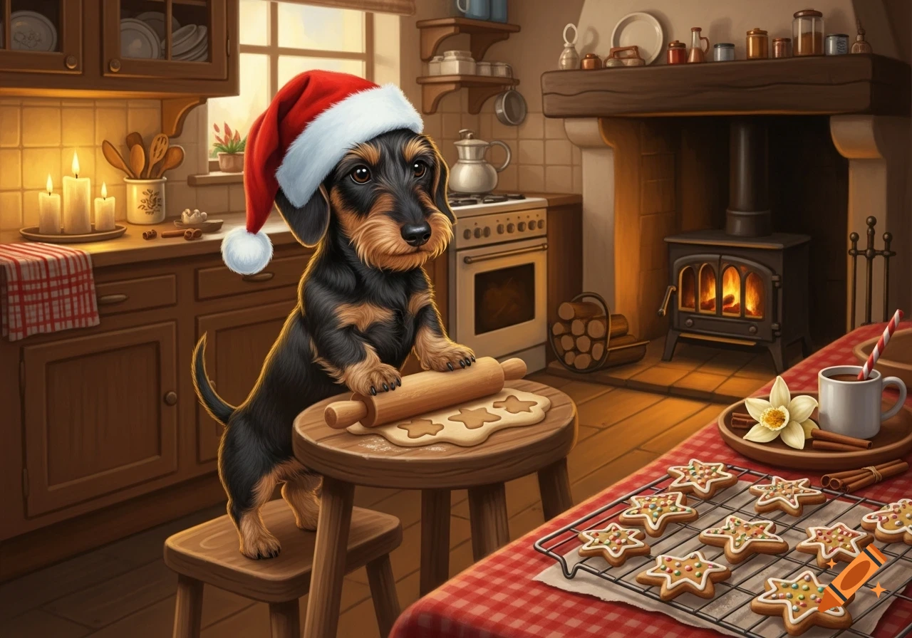 A cute dachshund wearing a Santa hat rolls out cookie dough in a cozy kitchen with a fireplace and cooling gingerbread cookies.