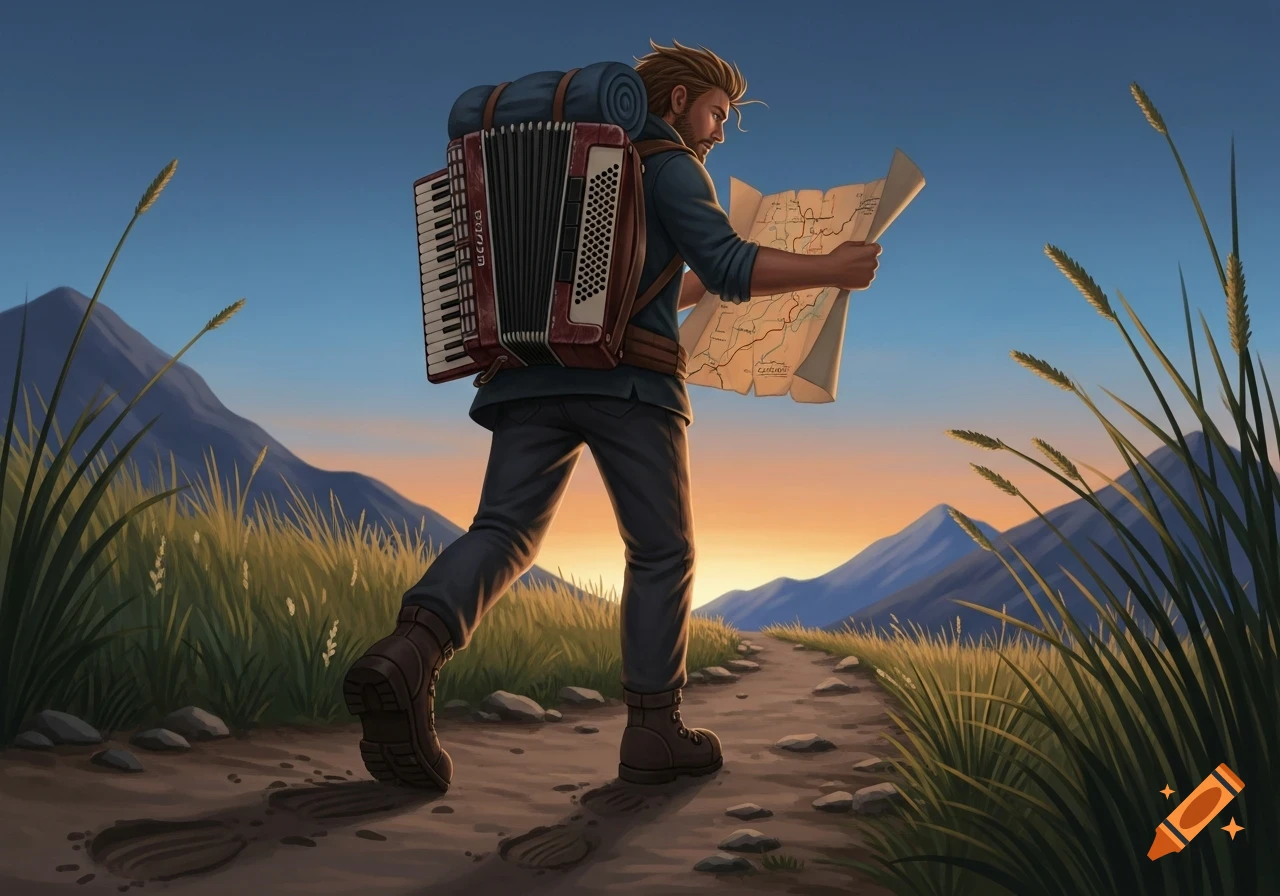 A male hiker with an accordion on his back looks at a map while walking on a dirt path in a mountainous landscape at sunset, digital illustration.