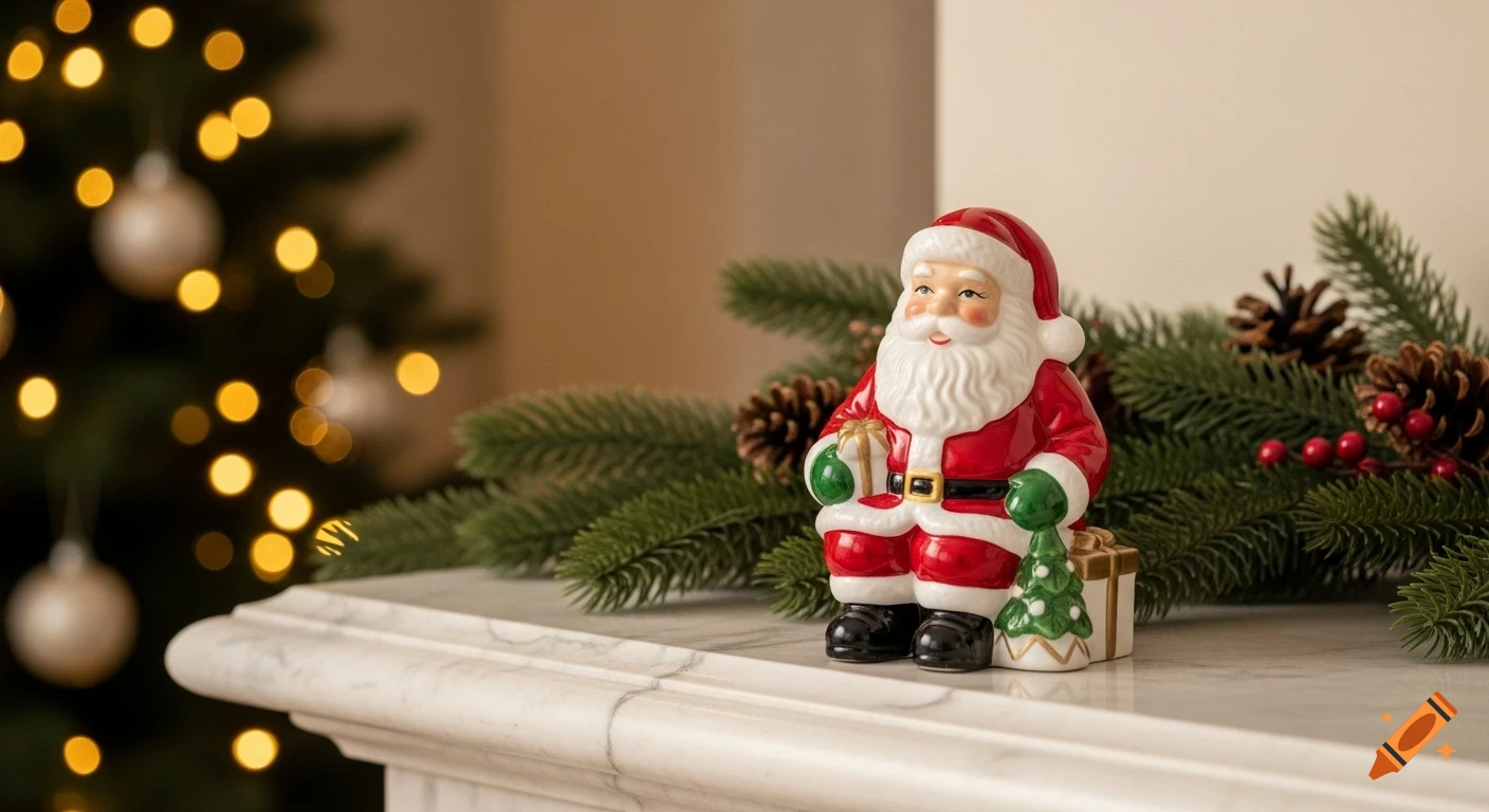 A porcelain Santa Claus figurine stands on a white marble mantelpiece with a blurred Christmas tree and bokeh lights in the background.
