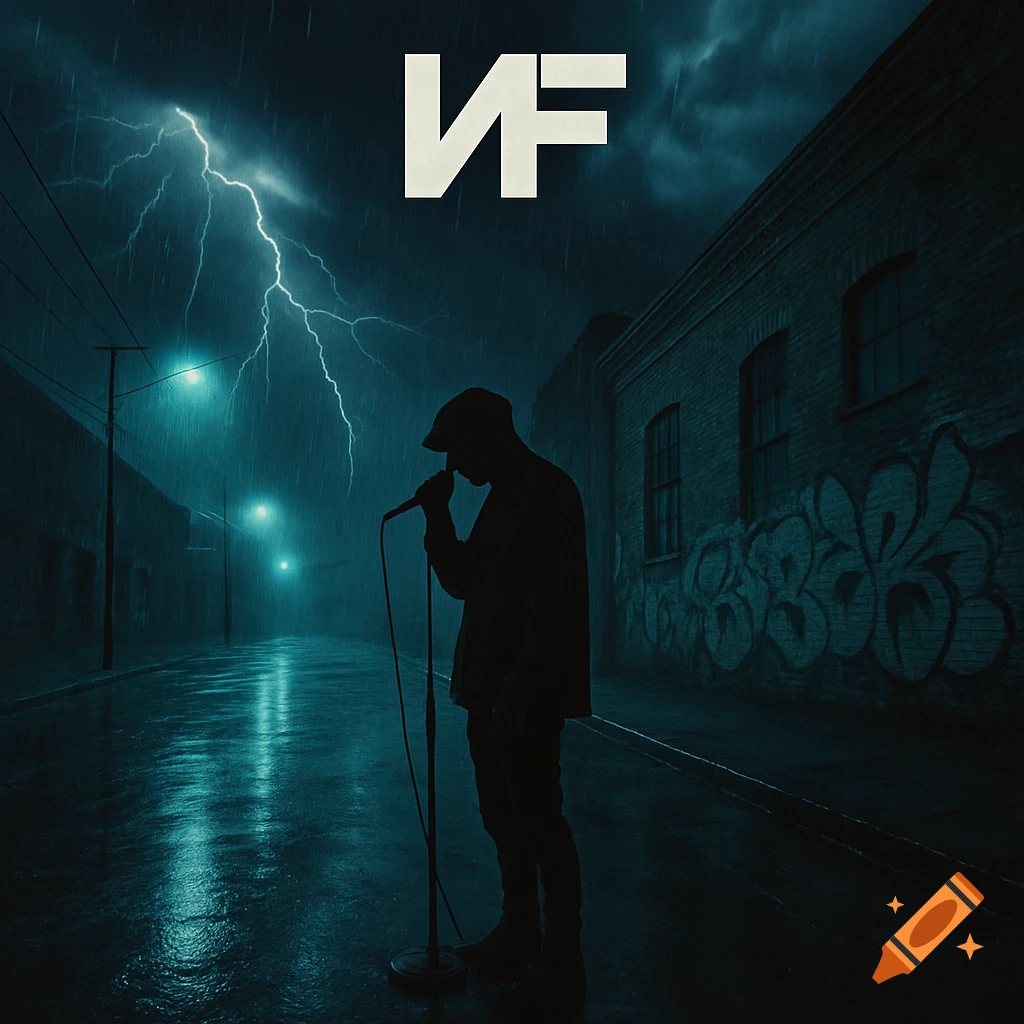 Silhouette of a person with a microphone in a dark, rainy alley during a lightning storm, with an NF logo above.