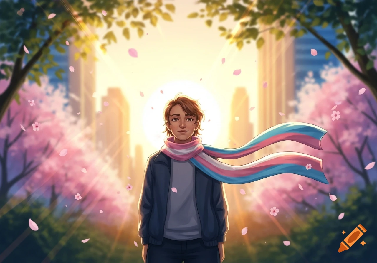 Illustrated person with brown hair and a transgender flag scarf in a cherry blossom park with city buildings.