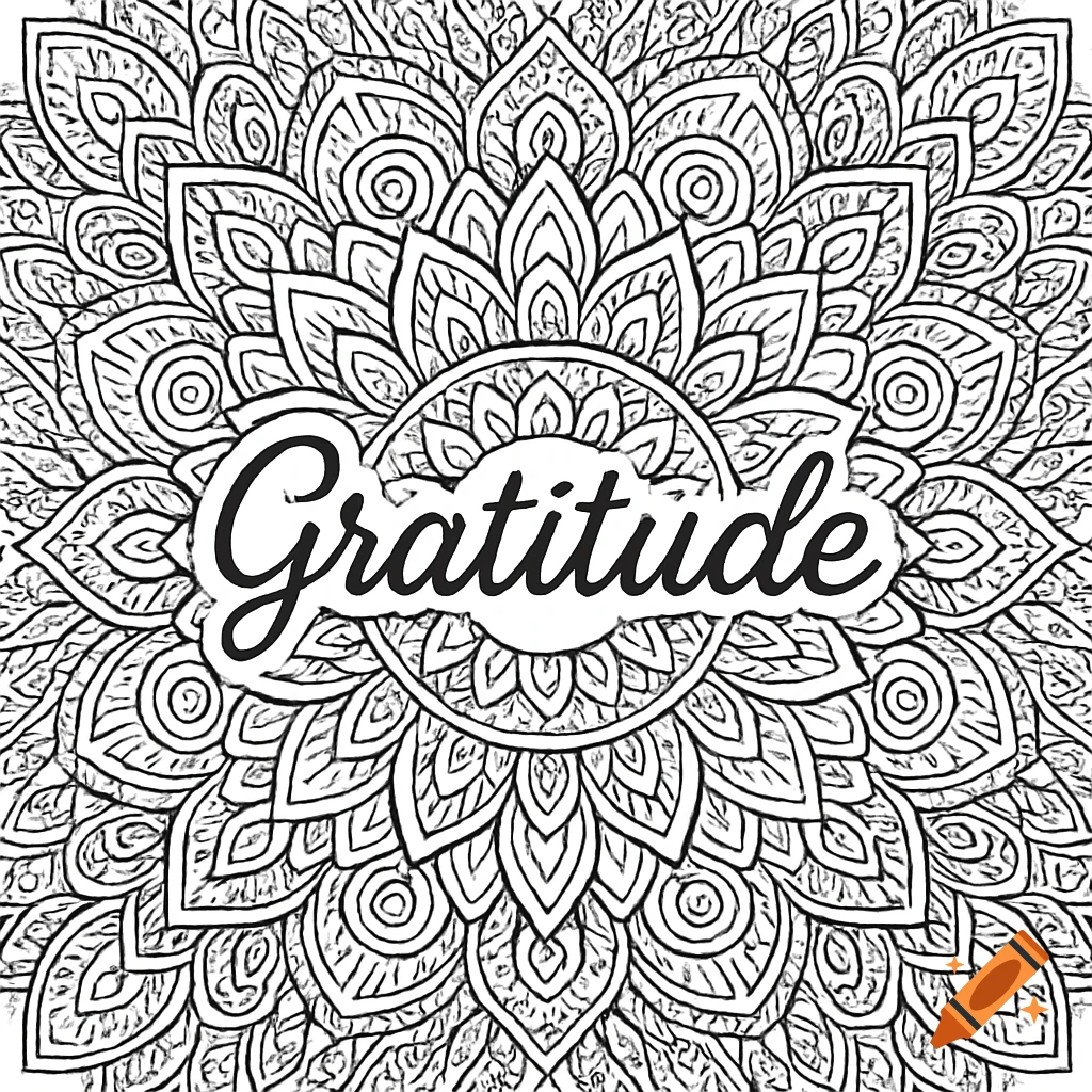 A black and white coloring page features a detailed mandala design surrounding the word 'Gratitude' in elegant script.