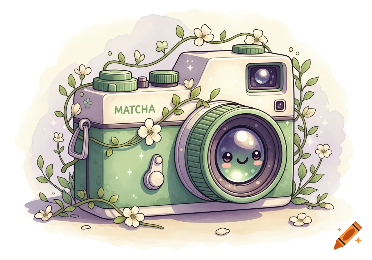 A cute matcha green and white film camera illustration, adorned with vines and white flowers, with a smiling face on the lens.