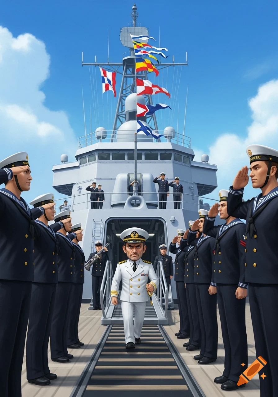 A small, grim-faced cartoon captain in a white uniform disembarks a gray navy ship while rows of cartoon sailors in blue uniforms salute.