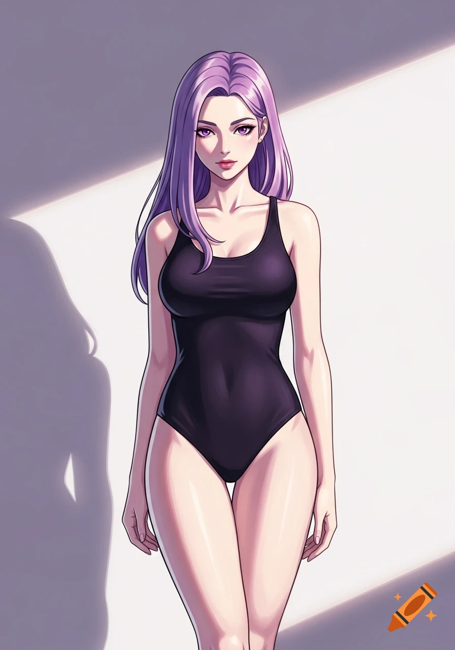 Anime style woman with long purple hair and purple eyes wearing a black one-piece swimsuit, standing against a light background.