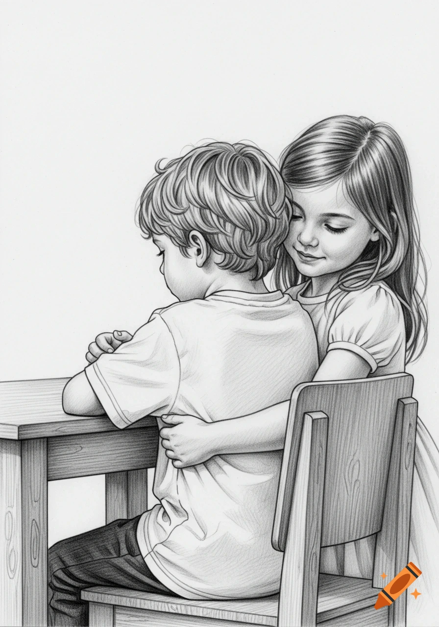 Pencil drawing of a girl hugging a boy from behind as he sits at a table.