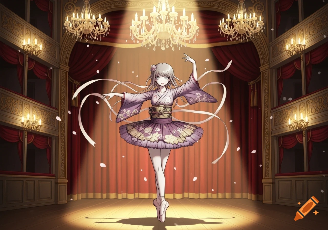 Anime girl ballerina dancing en pointe on an ornate theater stage with red curtains and chandeliers.