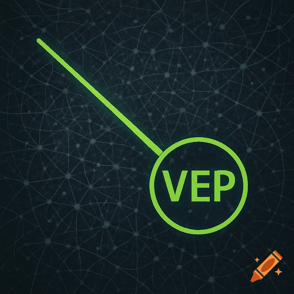 A bright green laser line points to a circle with 'VEP' text on a dark, abstract digital network background.