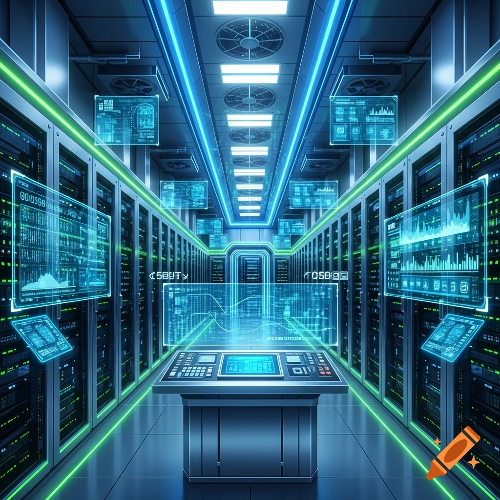 A futuristic server room with rows of computer racks, neon blue and green lighting, and holographic data displays around a central control panel.