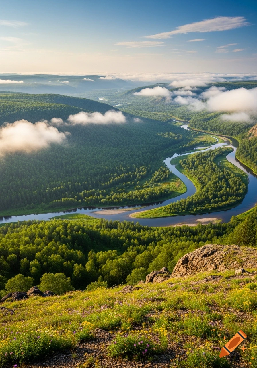 High-angle view of a winding river flowing through a lush green forest, with clouds hugging distant hills under a blue sky.