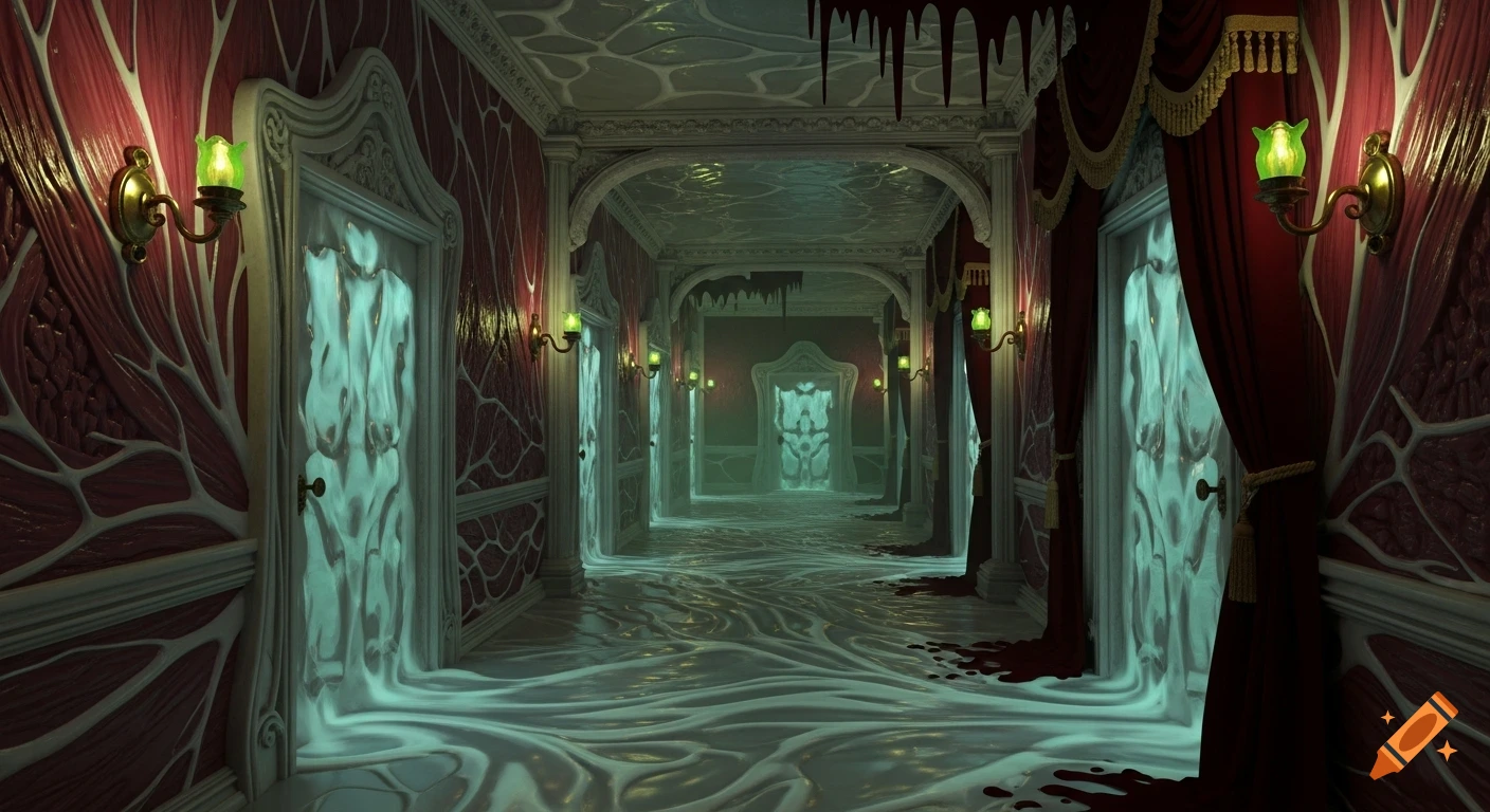 A long, ornate horror hallway with fleshy red walls, melting goo on the floor and doors, and green glowing sconces.