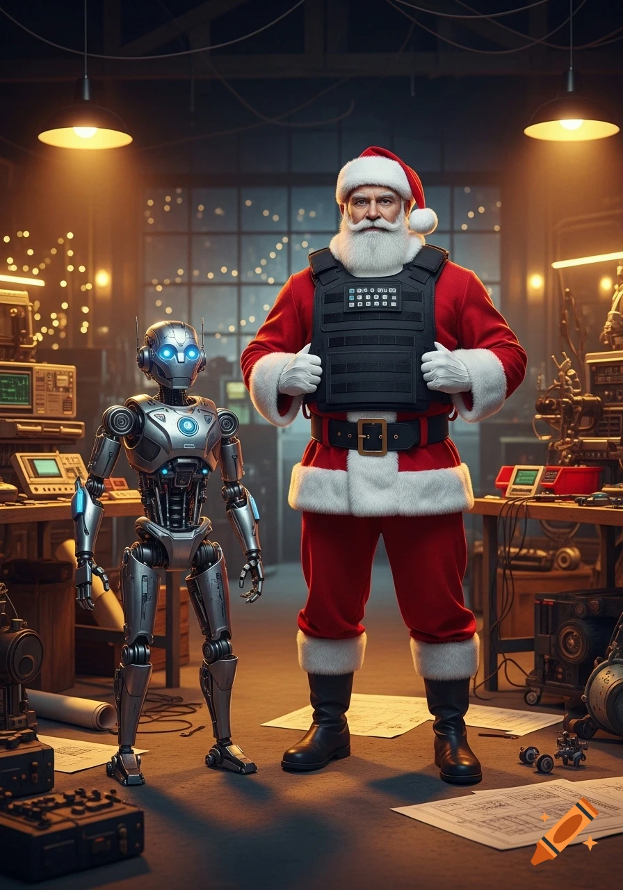 Photorealistic image of a muscle-bound Santa Claus wearing a bulletproof vest next to a robot in a futuristic workshop.