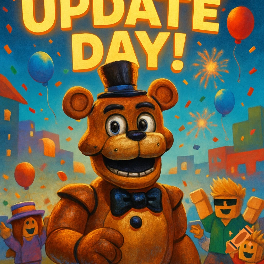 Cartoon Freddy Fazbear and Roblox characters celebrate "UPDATE DAY!" with balloons, confetti, and fireworks against a vibrant sky.