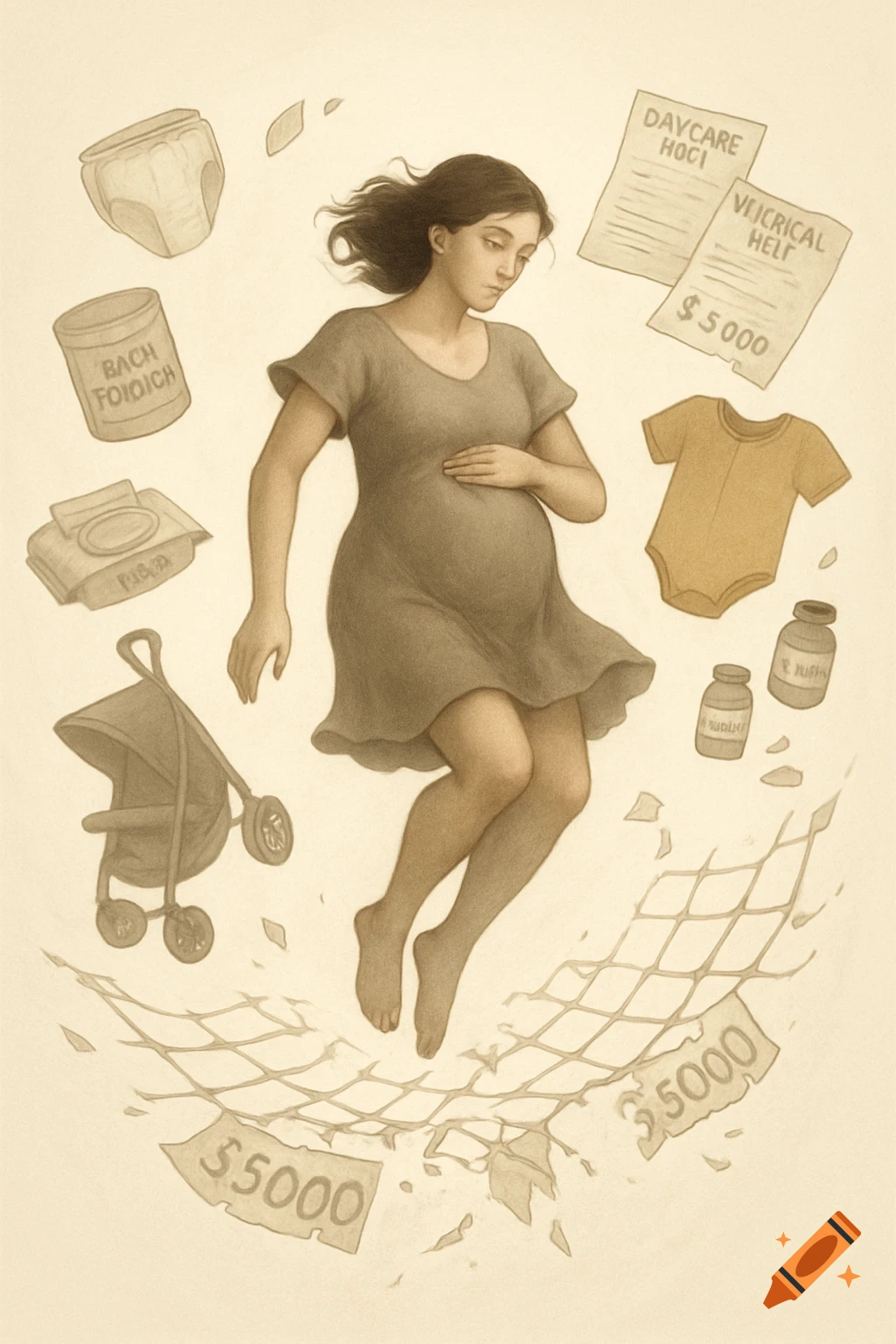 A stylized illustration of a pregnant woman floating above a breaking safety net of money, surrounded by baby items like diapers, a stroller, and bills, symbolizing the costs of motherhood.