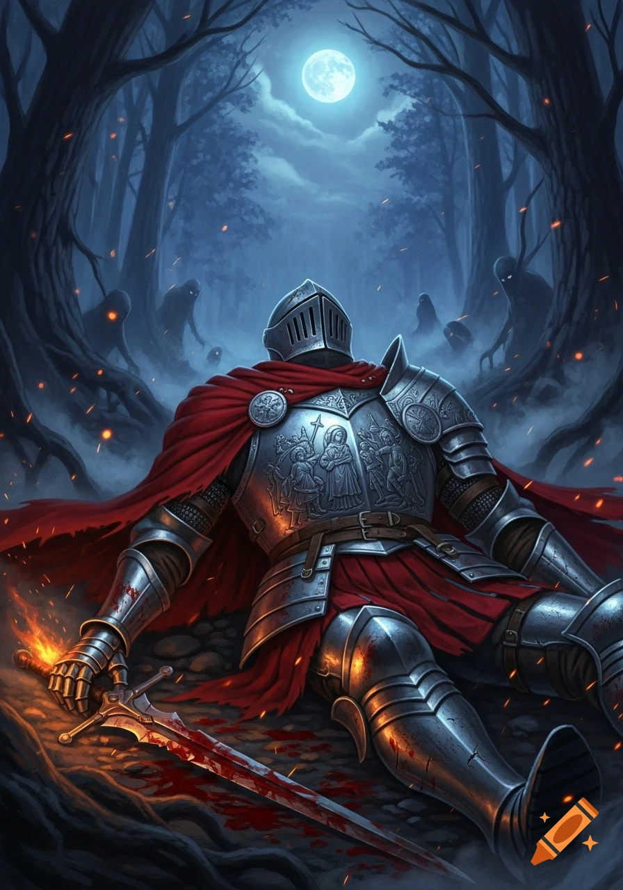 A fallen knight in blood-splattered armor and a red cape lies in a dark, moonlit forest, surrounded by shadowy figures. Dark fantasy illustration.