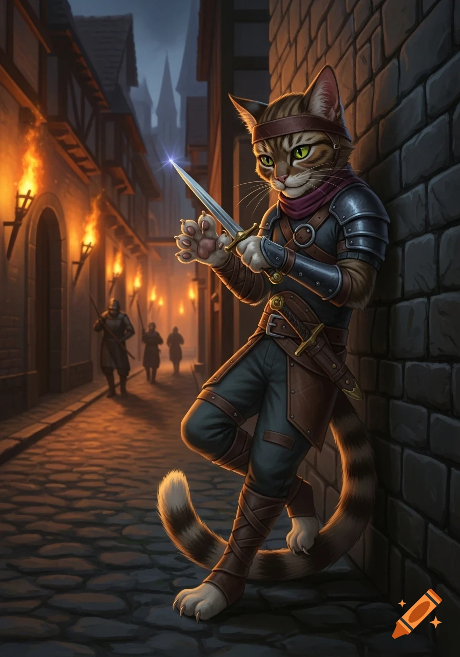A humanoid tabby cat thief in armor leans against a medieval stone wall, cleaning its paw with a dagger in a torchlit alley.