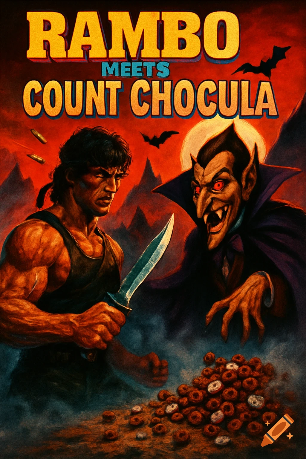 Vintage movie poster for 'Rambo Meets Count Chocula,' depicting Rambo with a knife facing Count Chocula, with cereal and bats under a red sky.