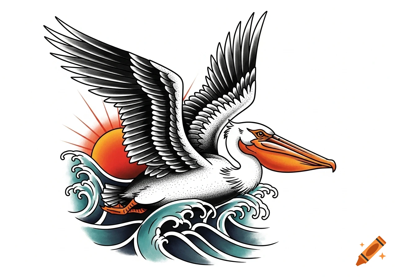 An American traditional tattoo style illustration of a white pelican with black wings flying over blue waves with a red sunset.