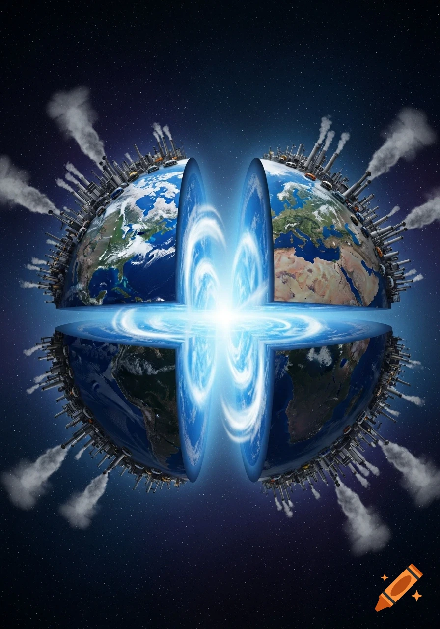 A conceptual image of Earth split in half, surrounded by polluting factories and cars, with a glowing energy core.